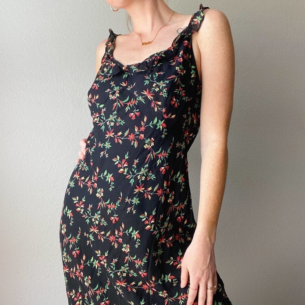 Vintage Black Floral Sweetheart Ruffle Trim Maxi Dress 100% Rayon - Picture 5 of 7